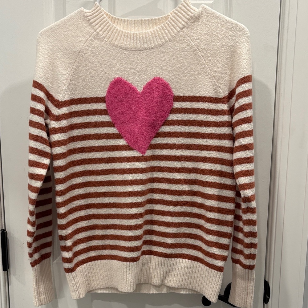 Loft Heart Striped Sweater Pink Brown Ivory Cream White XS